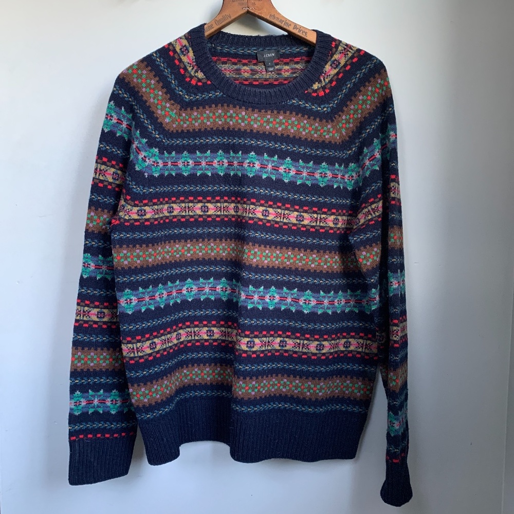 J. Crew Fair Isle Wool Sweater Navy Blue Colorful Size L